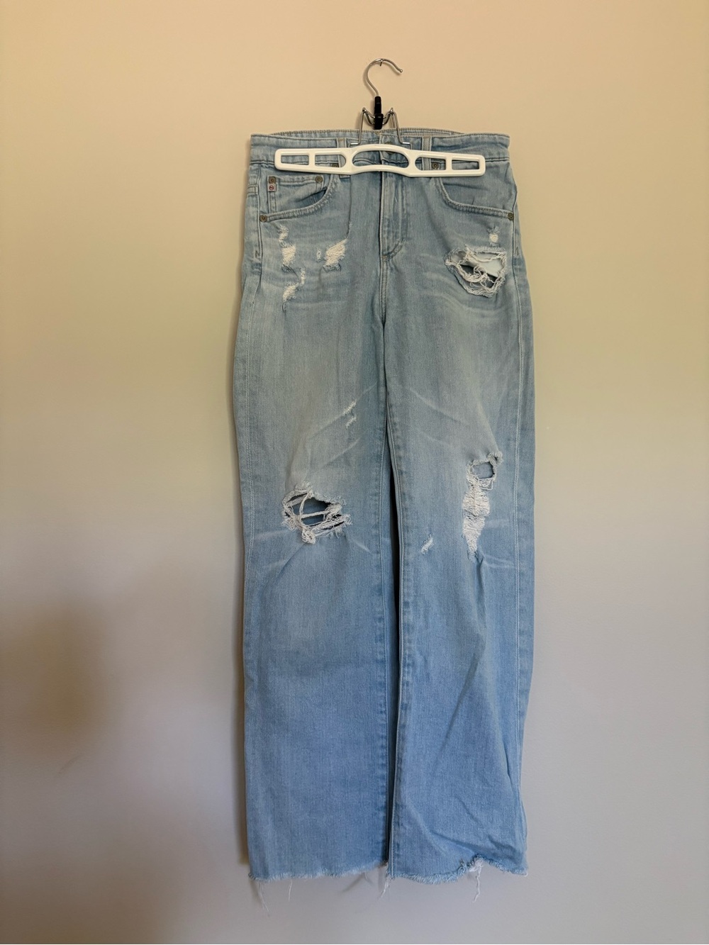 Ag Adriano Goldschmied Light Blue Distressed Straight Leg Jeans